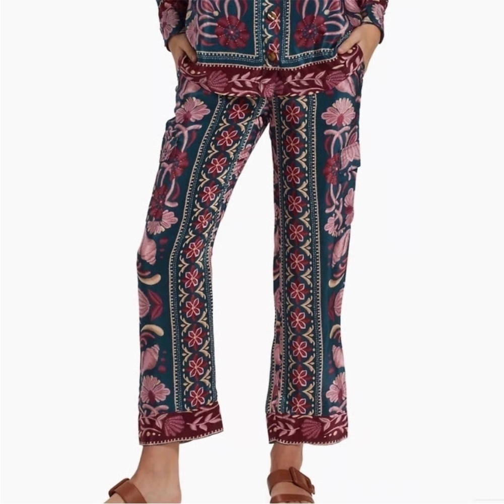 NWT FARM Rio Seashell Tapestry Teal Cargo Pants